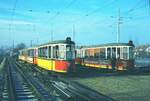 SSB Stuttgart__Endstation: Schrottgleise im Bf S-M�hringen. Acht ausgediente R1500/1600er Bw ( Schiffle ) warten auf die Verschrottung am frostig-kalten Januar-Morgen.__04-01-1974