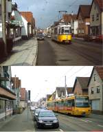 Bis 1990 verkehrte die Linie 5 nach Stammheim, oben fährt der Solo-GT4 745 am 01.03.1987 nach Degerloch.