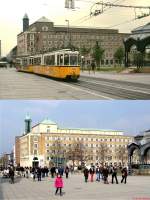 Der Stuttgarter Schloßplatz einst & jetzt: Dort, wo Ende Mai 1978 - etwa ein halbes Jahr, bevor die Bahn im Tunnel verschwand - noch ein Zug der Linie 5 unterwegs ist, können am 29.03.2013 die Passanten ungestört flanieren