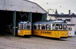 TW 10 und TW 1 der Baureihe GRW4 (MF Esslingen) warten vor dem früheren Depot Weststadt in der Nähe der Station Westplatz auf ihre weitere Nutzung  bei der Ulmer Straßenbahn.