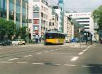 Der Triebwagen Nr. 10 (GT 4, Maschinenfabrik Esslingen) der Ulmer Straenbahn am frhen Nachmittag des 23. April 2002 bei der Haltestelle am Ulmer Theater.