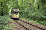Straßenbahn Woltersdorf (Linie 87 - Wagen 28). Die Fahrzeuge sind Gothawagen des Typs T57/B57 und kamen ab 1977 gebraucht nach Woltersdorf. 