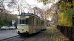 Woltersdorfer Straßenbahn__Bahn nach Woltersdorf mit Tw 28 [T59M; VEB Gotha 1959; 1987 ex Dessau] in Rahnsdorf.__29-10-1992