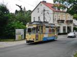 Woltersdorf: Straenbahnlinie 87 nach Woltersdorf Schleuse an der Haltestelle Woltersdorf Blumenstrae.(22.6.2013)