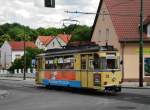 Woltersdorf: Straenbahnlinie 87 nach Woltersdorf Schleuse an der Haltestelle Woltersdorf Blumenstrae.(22.6.2013)
