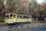 Berlin-Rahnsdorf: Woltersdorfer Straßenbahn Tw 16 (O&K/AEG 1913, ex Tw 10, Umbau 1969) S-Bf Rahnsdorf im November 1973.