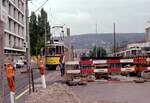 Stuttgart SSB: (Schienen-)Bauarbeiten in Verbindung mit den Tunnelarbeiten (U-Strab / künftige Stadtbahn) in der Fritz-Elsas-Straße (Stuttgart-Mitte) im Juli 1979.