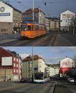 Spurensuche bei der Wuppertaler Straßenbahn: Zweimal die Linie 611 an der Haltestelle Lenneper Straße in Heckinghausen - oben mit dem Triebwagen 3831 (ex Karlsruhe 222, ex Dortmund 48) im