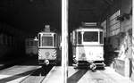 END Straßenbahn Esslingen-Nellingen-Denkendorf__Die aber auch nach Scharnhausen und Neuhausen fuhr. Tw 4 [ME 1926] in der Wagenhalle. Tw 4, als einziger Tw bis zum Schluß äußerlich nahe am Originalzustand, neben ATw 20 [ME 1950; 1965 ex SSB 297; 1980 an SMS > ATw 2020.__04-03-1976 
