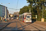Die „Demokratiestraßenbahn“ Duewag/Siemens MGT6D, Wagen 610, steht an der Ersatz-Haltestelle Saline auf der Stadtbahn-Großbaustelle Mansfelder Straße in Halle (Saale).

🧰 Hallesche Verkehrs-AG (HAVAG)
🚋 Linie 2 Kröllwitz–Beesen
🕓 8.7.2023 | 20:13 Uhr