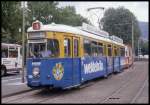 Düwag Tram Wagen 240 der HSB am 11.8.1989 vor dem Hauptbahnhof in Heidelberg auf der Linie 1 verkehrend.