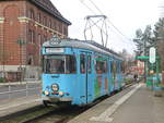 SRS Schöneicher-Rüdersdorfer-Straßenbahn GmbH in Höhe des Rathaus Rüdersdorf am 07. April 2021nach Alt-Rüdersdorf. Duewag GT6 48 aus Heidelberg und Eigenbau/LEW Nr.73 von 1966.
