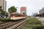 VGF Düwag M-Wagen 102 am 11.08.19 in Frankfurt Niederrad als Pendelverkehr zum Sommerfest des Straßenbahn Museums