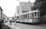 SSB Stuttgart__50 Jahre Straßenbahn Feuerbach-Gerlingen. 3-Wagen-Zug mit Tw 802 und Bw 1574 [Fuchs HD, 1956] am Schluß, beide im Bestand der SHB, in Gerlingen.__03-09-1977