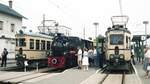 75 Jahre OEG am 18-05-1986 in Mannheim -Käfertal. OEG-Halbzüge Nr. 45/46 und 47/48 [Fuchs/BBC 1928] und Lok 21 der Selfkant-Museumsbahn.