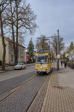 Tw 30 der Woltersdorfer Straßenbahn erreicht die Endhaltestelle an der Woltersdorf Schleuse. Der 01.03.2025 war der letzte Einsatztag der Gotha-Wagen in Woltersdorf.