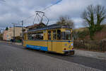 Der 01.03.2025 war der letzte Betriebstag der Gotha-Wagen in Woltersdorf. Tw 28 steht an der Endhaltestelle an der Schleuse und wartet auf die Rückfahrt nach Rahnsdorf.