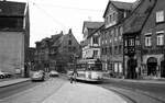 Nürnberg-Fürther Straßenbahn__Tw 204 [T4; MAN/Siemens 1957] auf Linie 7 beim 'Grünen Markt'.__15-06-1976
