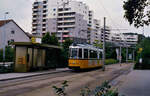 Der einzelne TW 13 der Ulmer Straßenbahn (MF Esslingen Baureihe GT4) auf der Linie 1  Datum: 29.09.1984