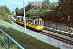 Historischer Stra�enbahnzug in M�hringen (Stadtbahnfeier), TW 418 und BW 1241 n�hern sich der Station Vaihinger Stra�e (04.09.1983)