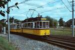 Historischer Straßenbahnzug der Stuttgarter Straßenbahn in Möhringen (TW 418 und BW 1241) .