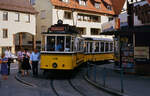 Historische Straßenbahn (TW 418 und BW 1241 SSB) auf der SSB-Straßenbahnlinie 6 bei einer Sonderfahrt durch die Echterdinger Straßenbahnschleife (19.09.1987).