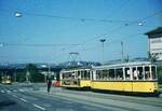 SSB vor 50 Jahren_Deutsches Turnfest Juni 1973 in Stuttgart: zwei T2+B2-Garnituren als Line 21E begegnen sich an der Gnesener Str.