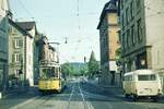 SSB vor 50 Jahren_Deutsches Turnfest Juni 1973 in Stuttgart: E-Wagen mit bereits nicht mehr zutreffender Zielangabe “Berg Bad Leuze“ in der Daimlerstraße in S-Bad Cannstatt.