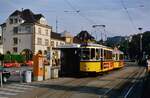 Stra�enbahnsonderzug vor dem DB-Bahnhof Stuttgart-Feuerbach (26.09.1986) mit TW 802 und einem Beiwagen der Serie B2 ( Schiffchen ).