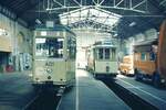 VAG Freiburg__Fahrzeuge im Betriebshof Süd (Urachstraße/Lorettostraße) : Fahrschulwagen Tw 401 ex 65; Rastatt 1951) und Tw 2 (HAWA 1901)__20-04-1974