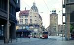 Straßenbahn Görlitz, Niederschlesien__Dicker/Frauen-Turm mit Tw 15 [KT4D-C; ČKD Tatra 1988; ex Erfurt 535, 1992 nach Görlitz; 2013 an privat] auf Linie 1 nach Weinhübel. (Quelle: 'tram-info.de')__27-06-1992