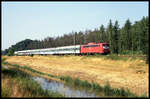 140200 ist hier am 10.7.1994 um 9.57 Uhr mit dem RSB nach Celle bei Großmoor unterwegs. Am Zugende hängt 141203.