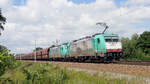 VPS Doppeltraktion geführt von Werbelok E 186 131 Salzgitter Flachstahl mit Kohlezug von Hamburg kommend kurz vor Winsen (Luhe); 11.08.2021
