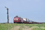 218 402 und 218 319 ziehen einen Autozug von Westerland kommend durch Lehnshallig nach Niebüll.