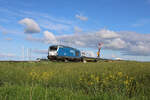 SIEAG 247 909  Anne  verlässt mit einem  blauen Autozug  im Dienste der RDC Autozug GmbH den Bahnhof Lehnshallig zur Fahrt nach Niebüll.