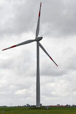 Das überdimensionale Windrad lässt den vorbeifahrenden Regionalexpress nahezu verschwinden.