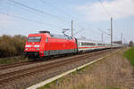 DB 101 138 am 20.04.2023 mit dem IC 2213 vom Ostseebad Binz bei Bergen (Rügen).
