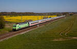 Die 101 005  DEVK  zieht am 10.05.2023 den IC2213 Ostseebad Binz - Köln, durch Bergen (Rügen).