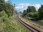 Der Bahnhof Lancken in Richtung Sassnitz am 02.Juli 2014.Als letzter Bahnhof auf Rügen besitzt der Bahnhof Lancken noch Formein-und Ausfahrsignale,während die Station Rambin auch Formsignale
