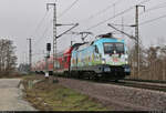 Die  Entdecker-Lok  des RE1 – 182 002-6 (Siemens ES64U2) – brachte etwas Farbe in diesen trüben Januar.