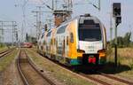 445.112 | ODEG | hier kreuzen sich KBS 175  Stadttore-Linie  (roter Triebwagen) und KBS 203 (ODEG) | Pasewalk | August 2022