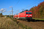 143 248 mit dem RE7 Stralsund - Greifswald am 16.10.2022 bei Teschenhagen.

