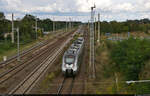 Nachschuss auf 1442 631 (Bombardier Talent 2), der den Hp Eilenburg Ost auf Gleis 5 erreicht.