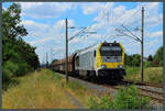 Die Maxima 30 CC 263 004 der Voith Lokomotivtechnik rollt mit dem Kalkzug von Blankenburg nach Spreewitz durch Lutherstadt Wittenberg-Labetz (03.07.2022)