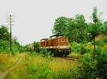 29.07.1985, Zwei Lokomotiven der BR 110 befördern einen Güterzug auf der Strecke Hoyerswerda - Niesky bei See.