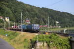 Unterhalb der Burg K�nigstein ist hier CD 388007-7 mit einem Container Zug am 25.6.2026 um 10.15 Uhr in Richtung Decin unterwegs.