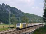 ER 20-010 bringt einen Holzzug aus Tschechien; im Elbtal vor den Basteifelsen, 27.07.2012  