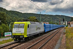 Captrain Lok 145 094-9 befördert in Königstein fabrikneue Güterwagen aus Tschechien nach Deutschland.¨Bild vom 23.8.2016
