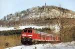 218 465 kommt mit einem Sonderzug aus Leizig in Altenberg an. 21.02.04