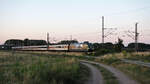 101 019  Fahrtziel Natur  zieht Nachtzug/IC 408 von Berlin nach Leipzig, hier kurz vor Trebbin im letzten Abendlicht.